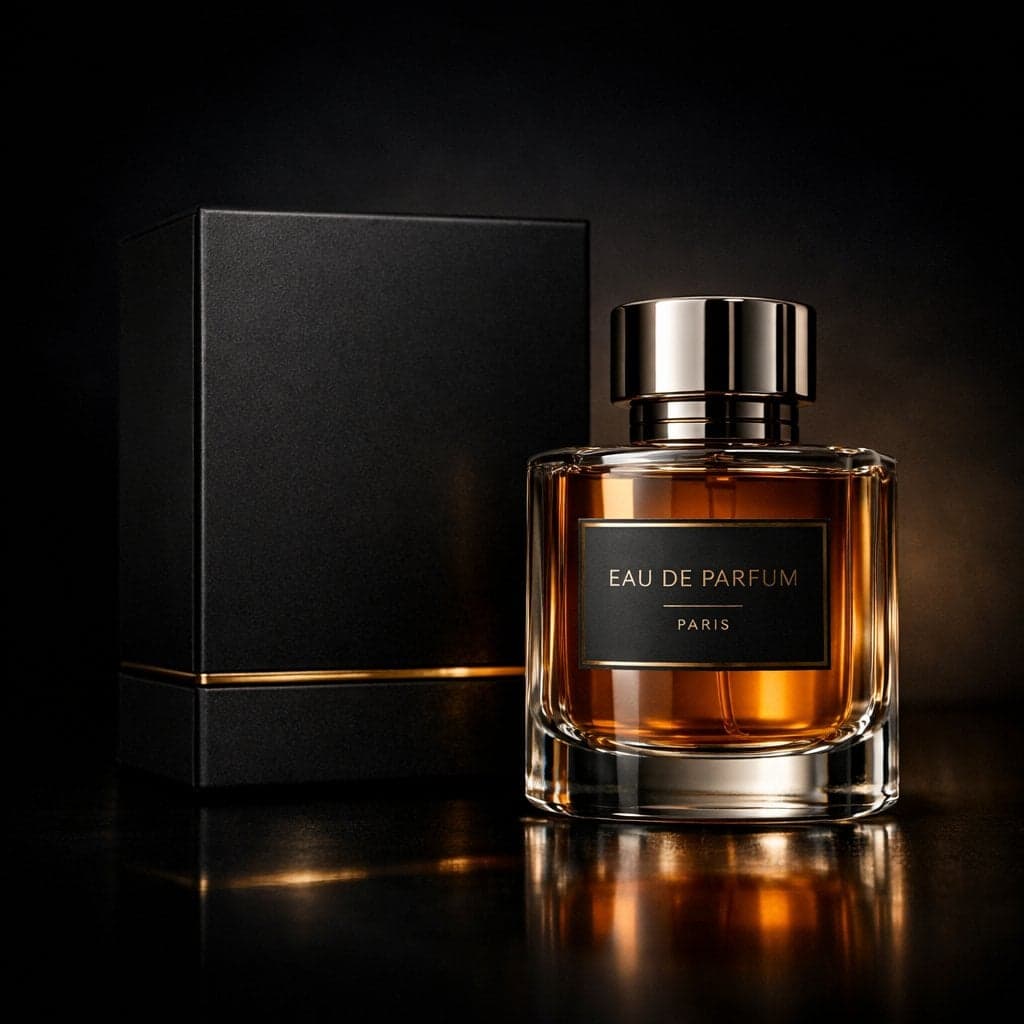 Luxury perfume product photography in a dark cinematic studi