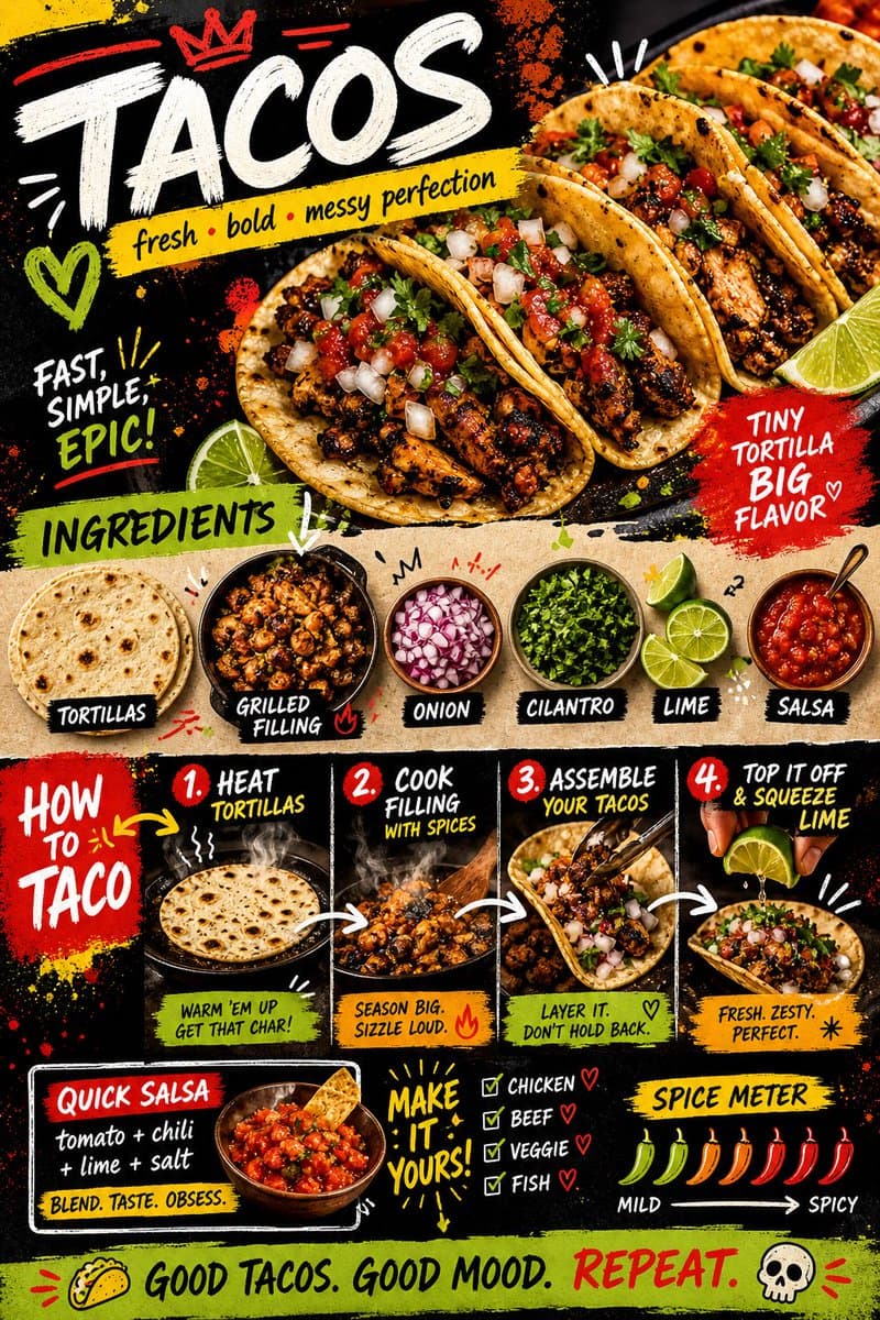 Create a bold, vibrant, street-style recipe card for “Tacos”