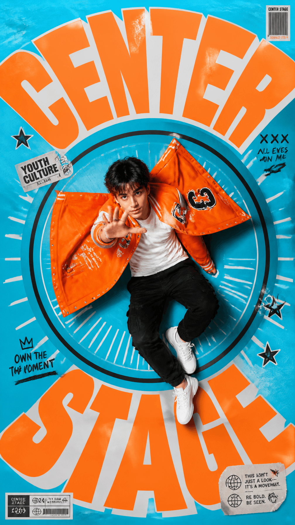 A premium 9:16 youth-culture fashion poster.Main Subject:A y