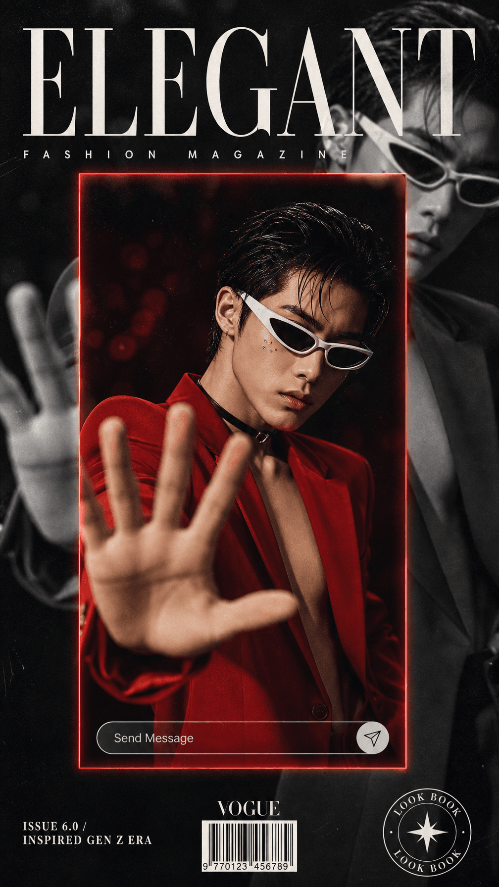 Create a high-fashion editorial magazine cover in portrait o