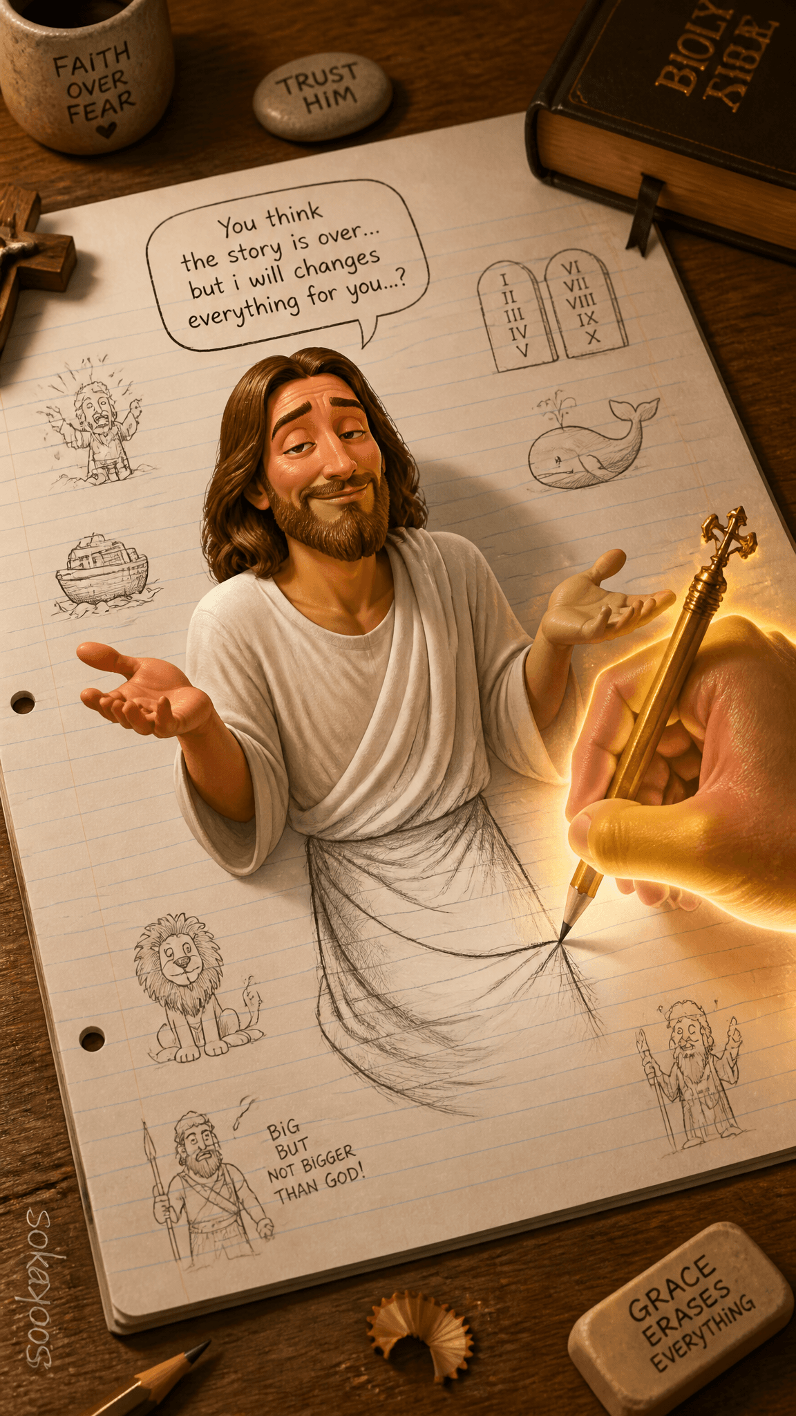 "A humorous, exaggerated artwork showing Jesus, wearing a si