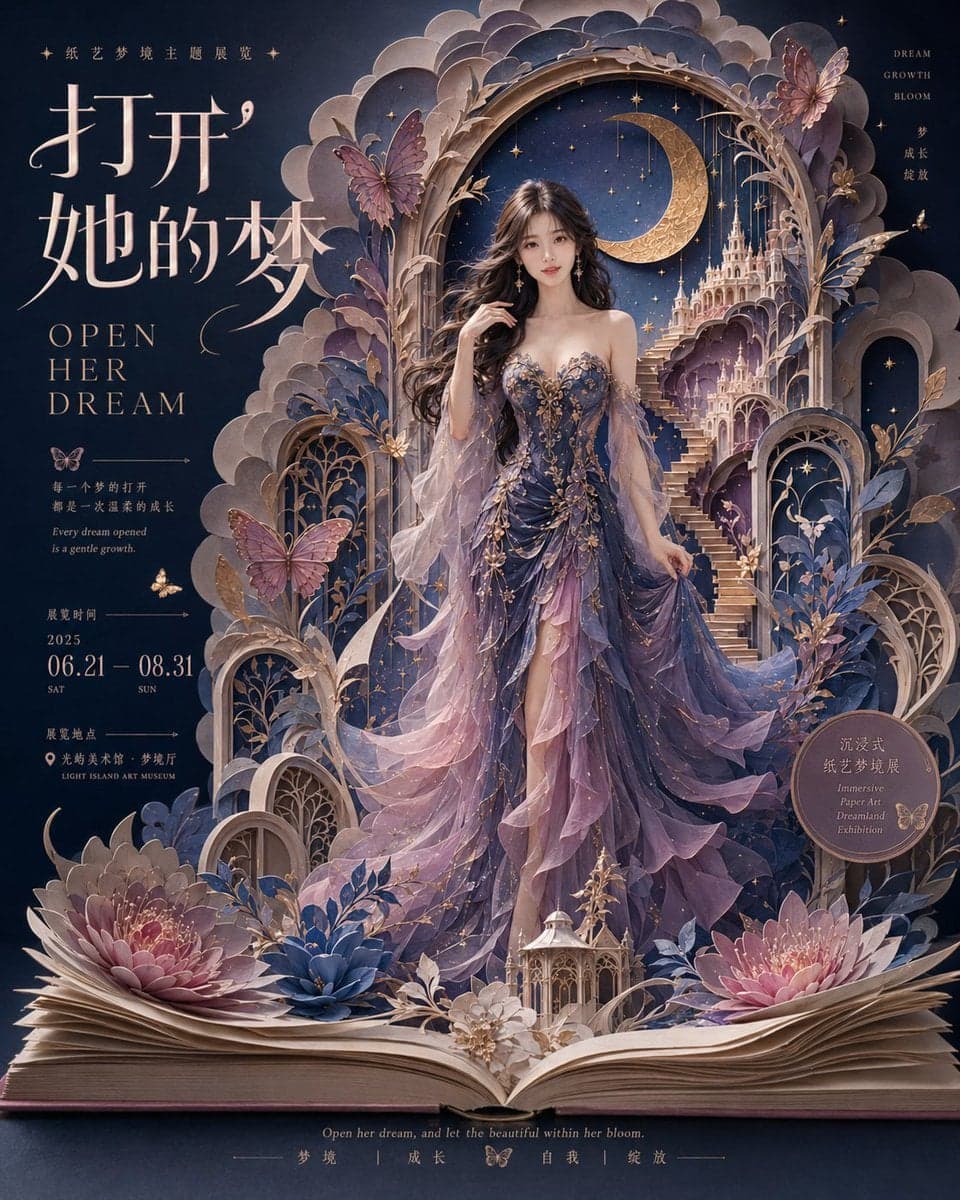 生成一张 4:5 竖版、高完成度的梦幻纸艺展览视觉海报,主题为《打开她的梦 / OPEN HER DREAM》。
整张