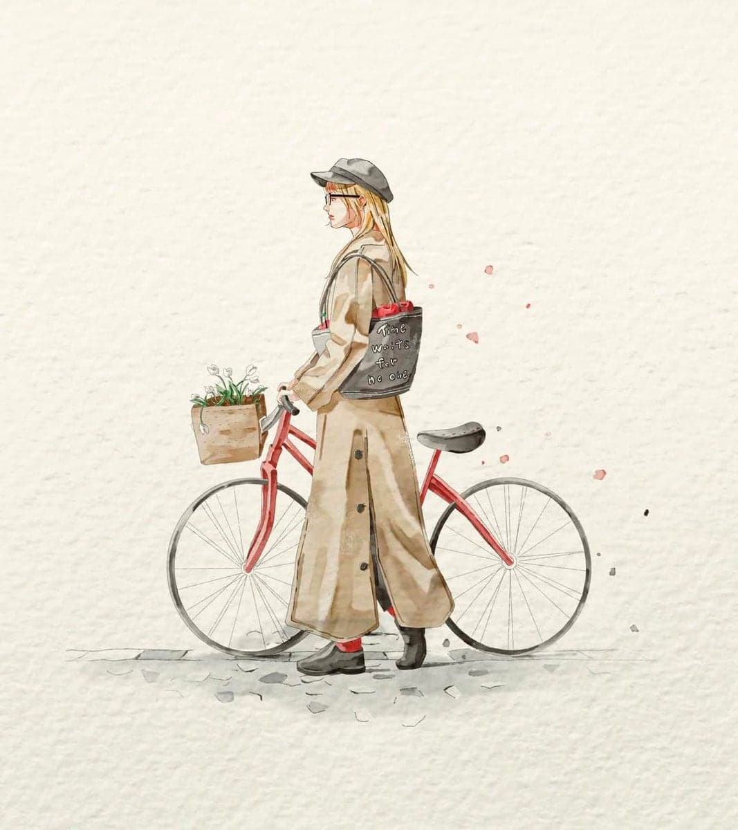 A delicate watercolor fashion illustration on textured off-w