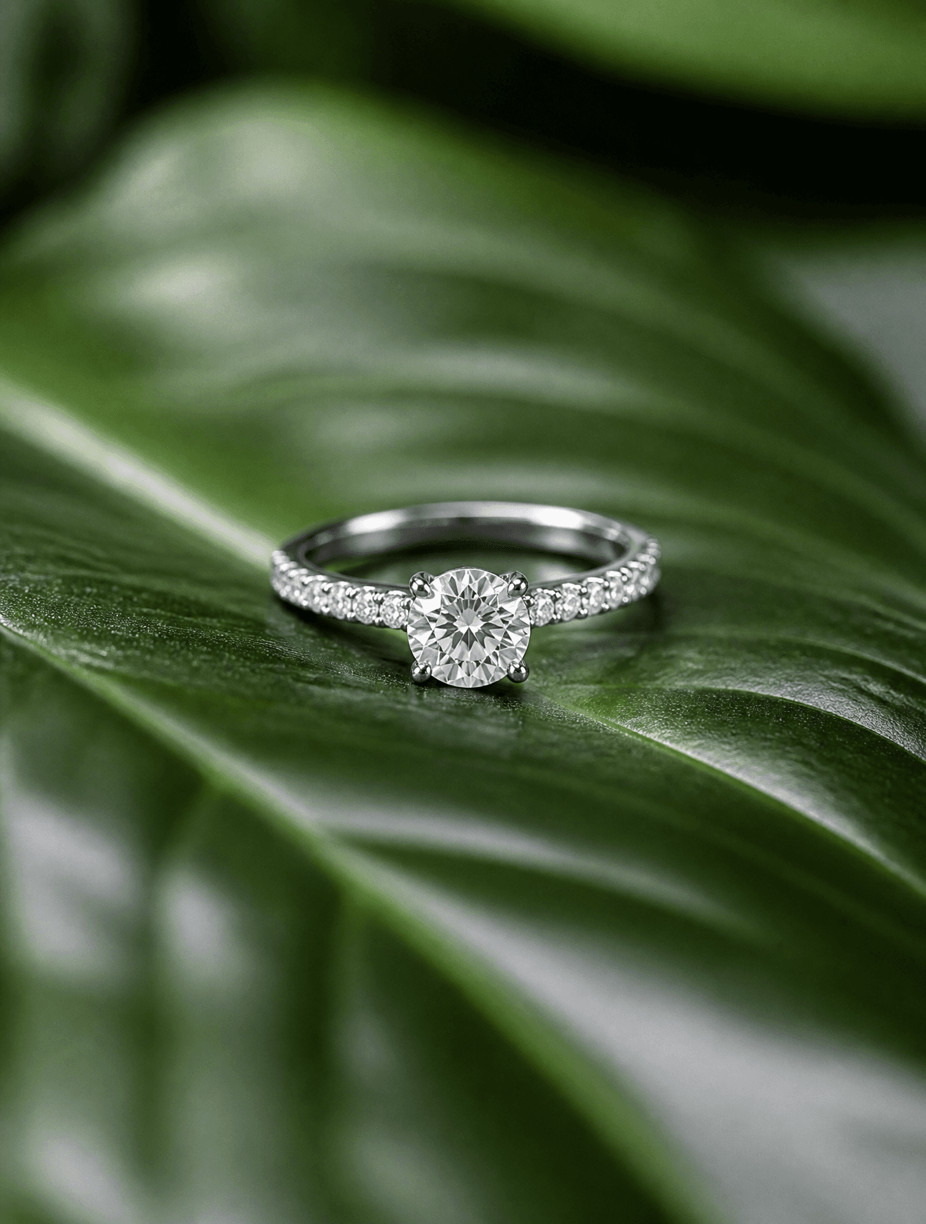 A brilliant-cut diamond engagement ring with a pavé-set band