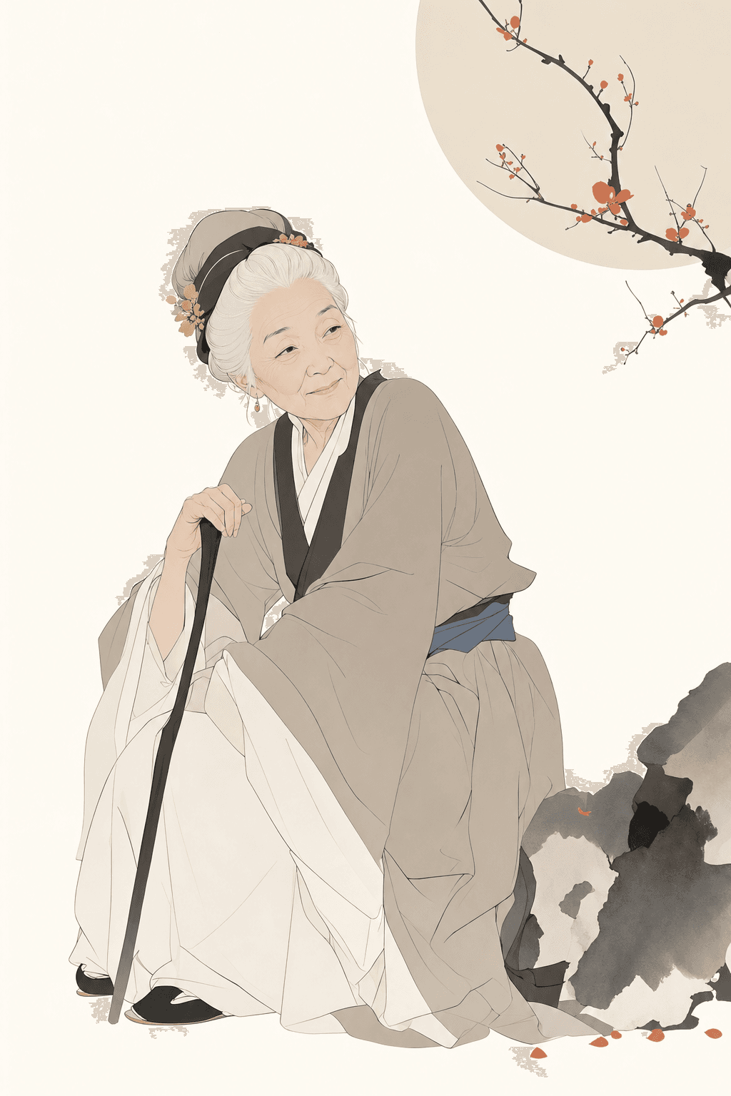 一张极简主义现代杂志风格插画,主体为红楼梦里的刘姥老。画面以干净流畅的线条塑造形象,造型简洁但富有美感,背景保留大面积留