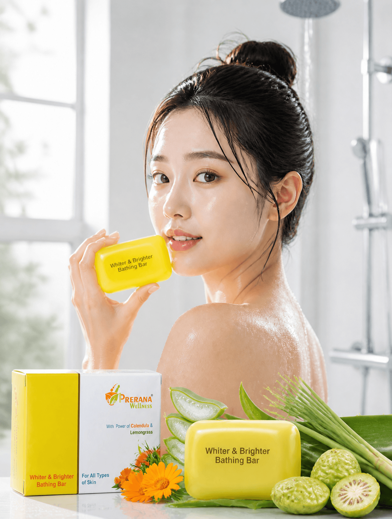 A young East Asian woman with a damp, dewy complexion and ha