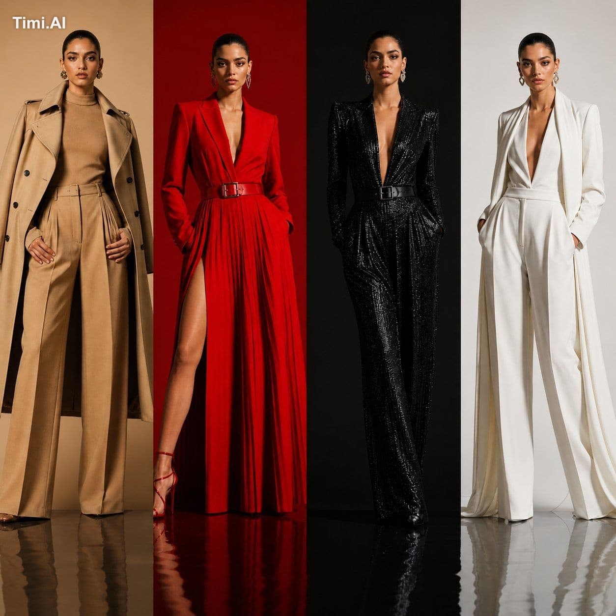 Luxury fashion campaign poster featuring the SAME model disp