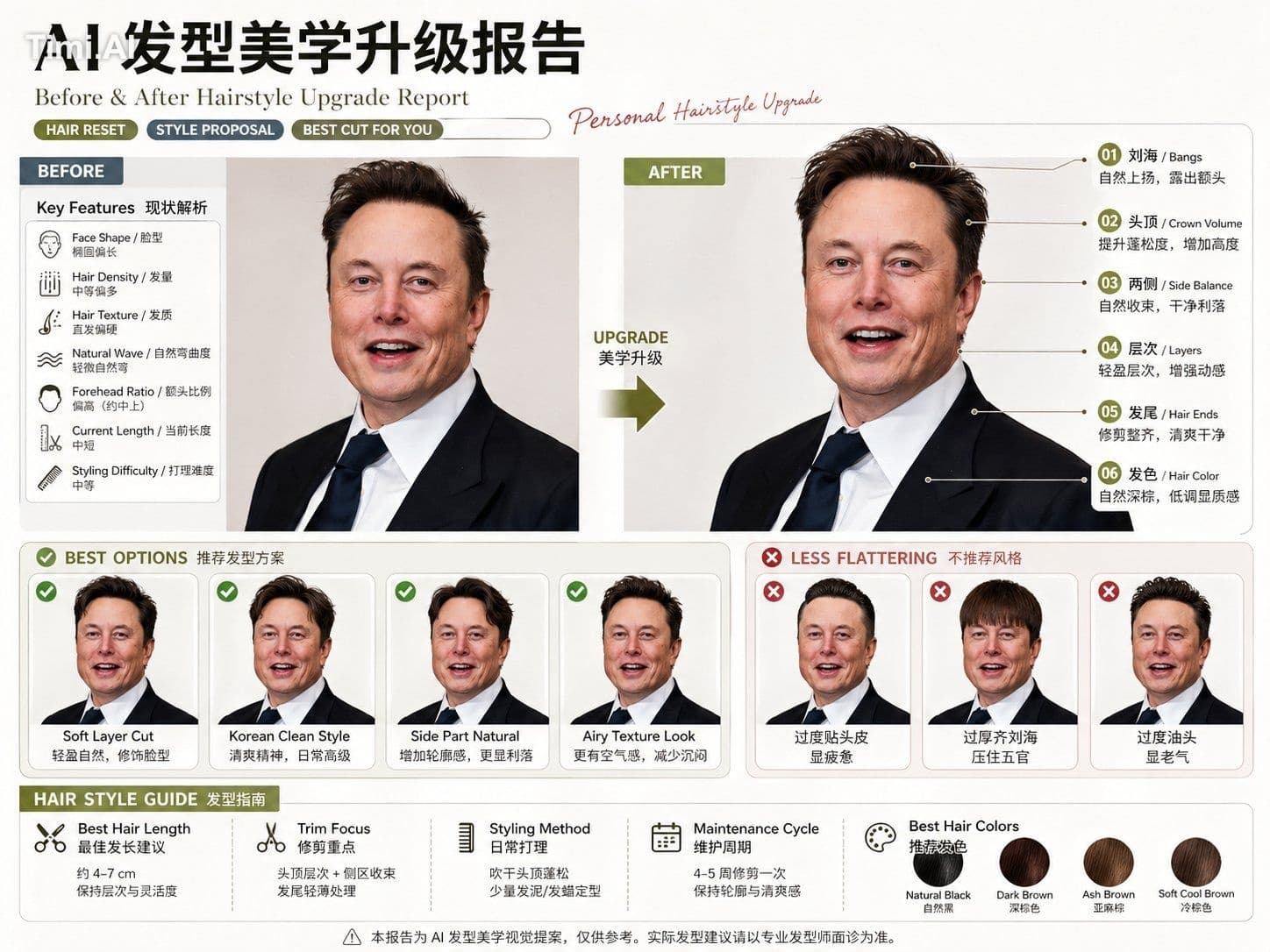 请基于用户上传的正面形象照片，生成一张横向 4:3 的高完成度「AI 发型美学升级报告 / Before & After