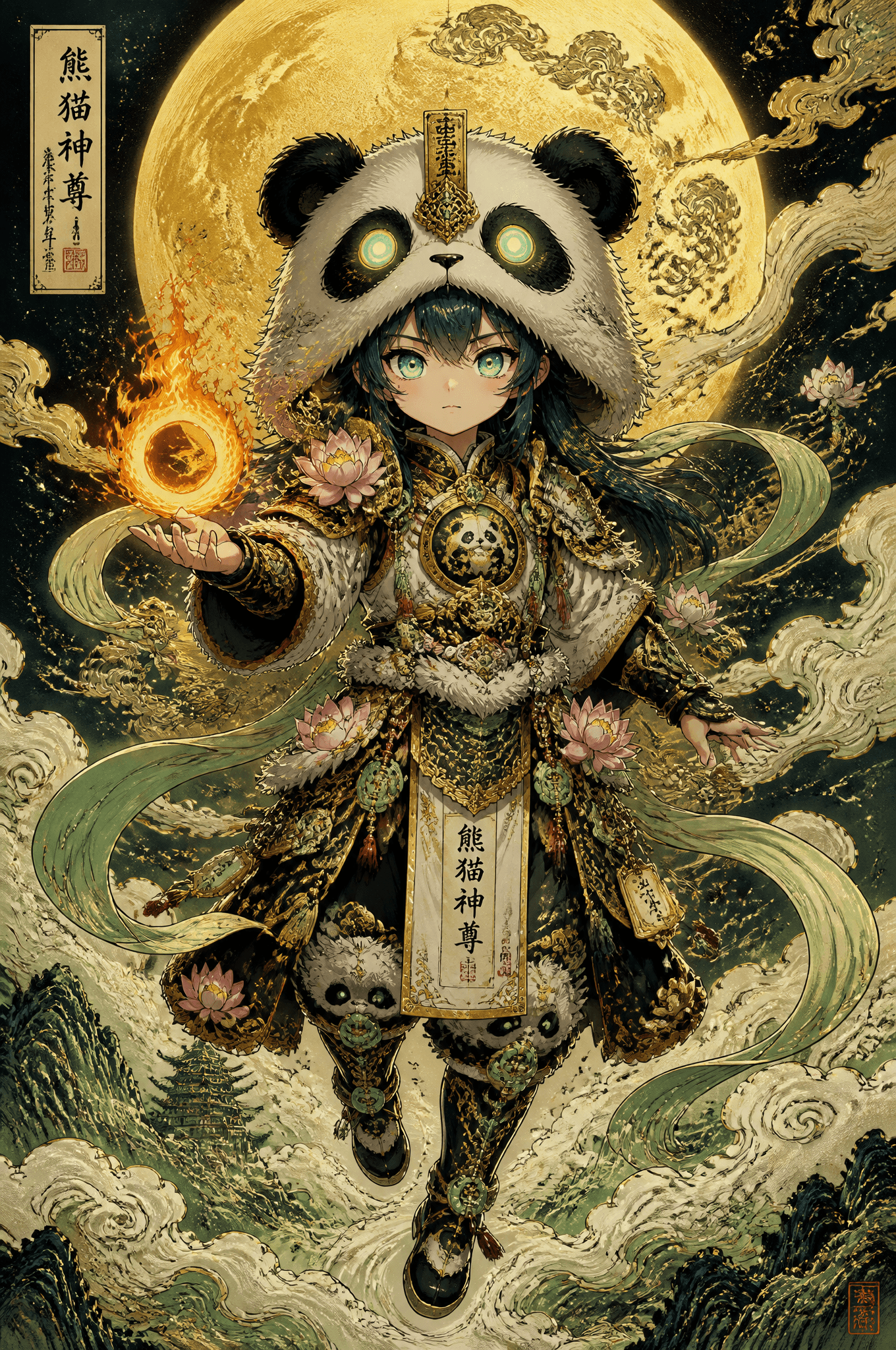 A vertical full-body anime illustration of a mystical child 
