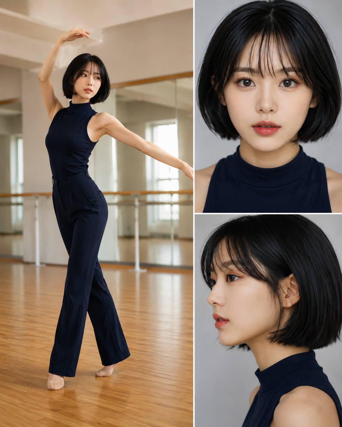A multi-panel collage of a young East Asian woman with a sle