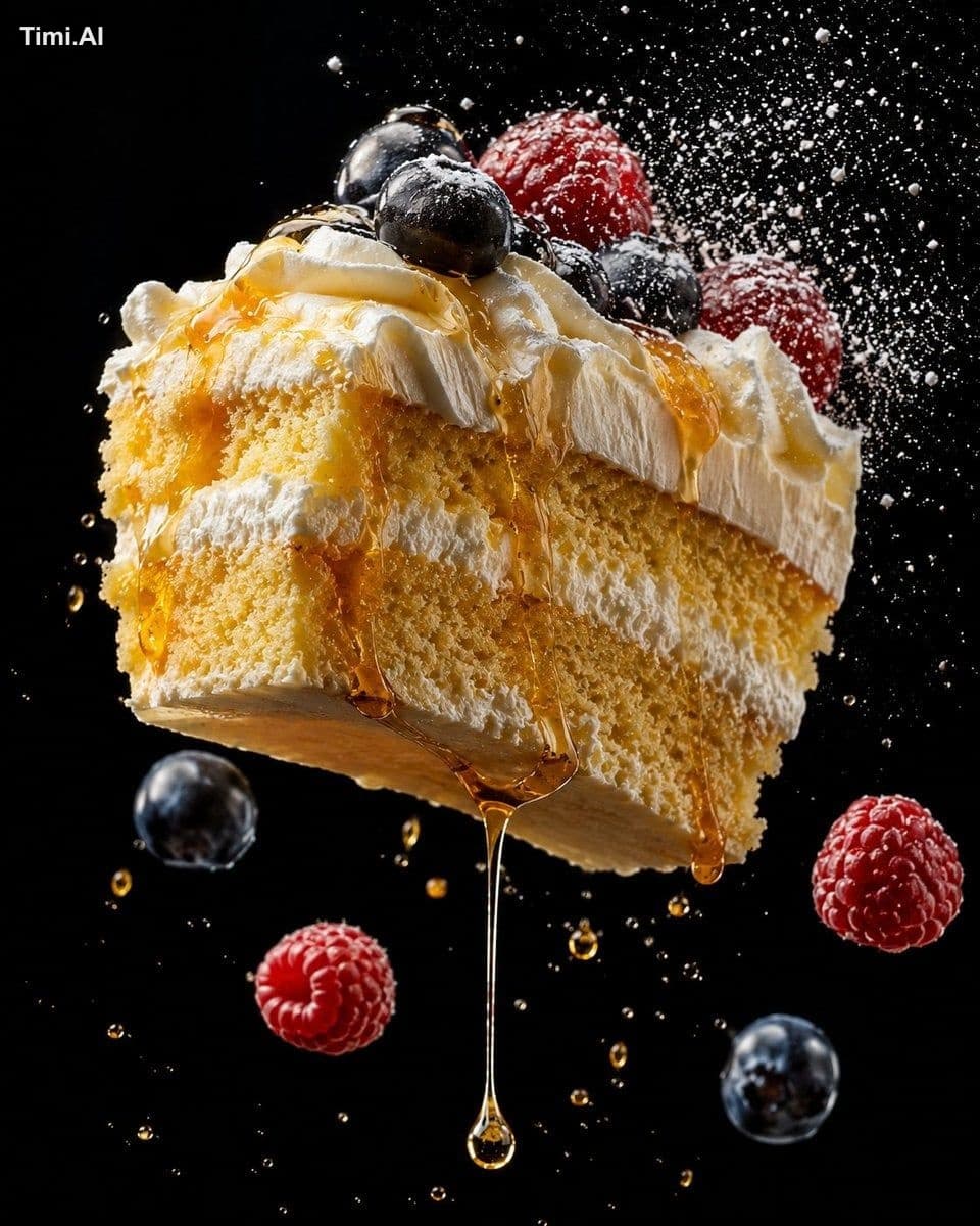 Tight close-up levitation food shot, strawberry shortcake la