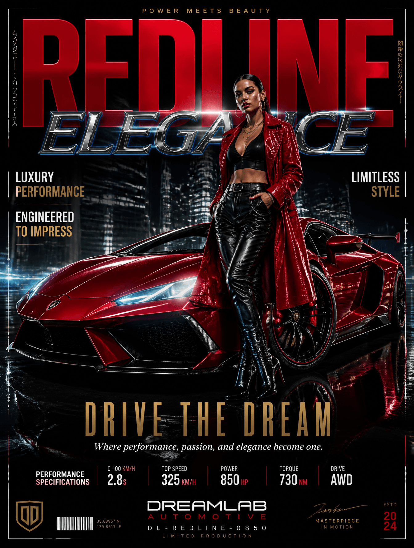 Ultra-premium automotive fashion poster featuring a stunning