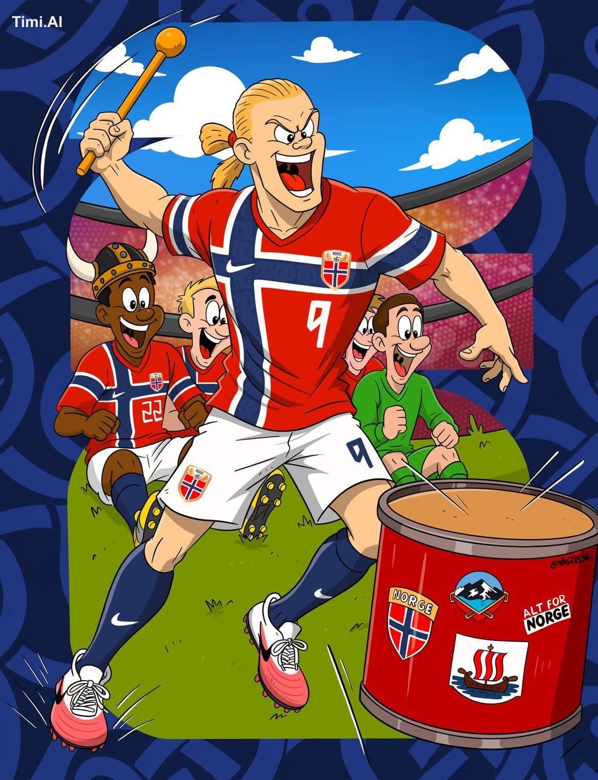 A bold, high-energy 2D cartoon sports illustration in a clea