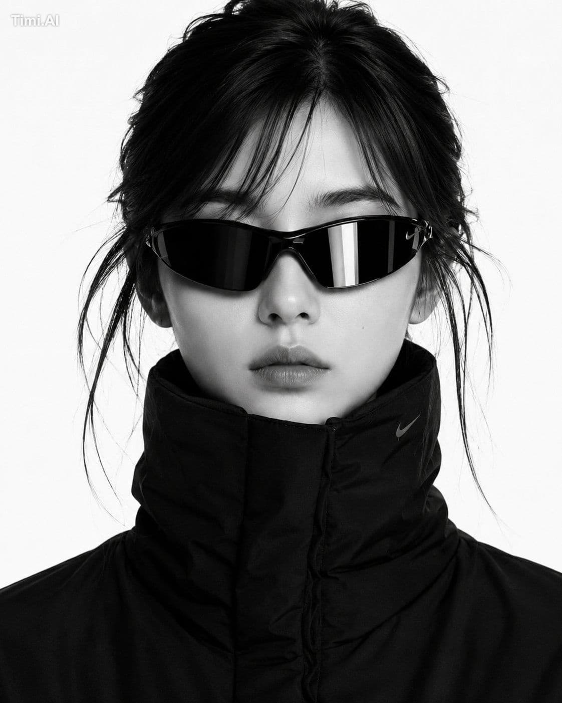 Create a close-up black-and-white high-fashion editorial por