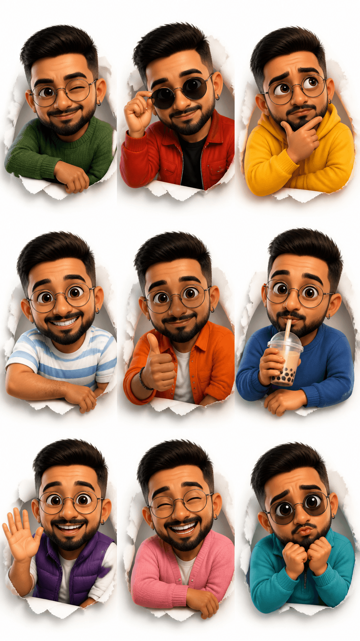 3D Pixar-style expression sheet, cute stylized male avatar w