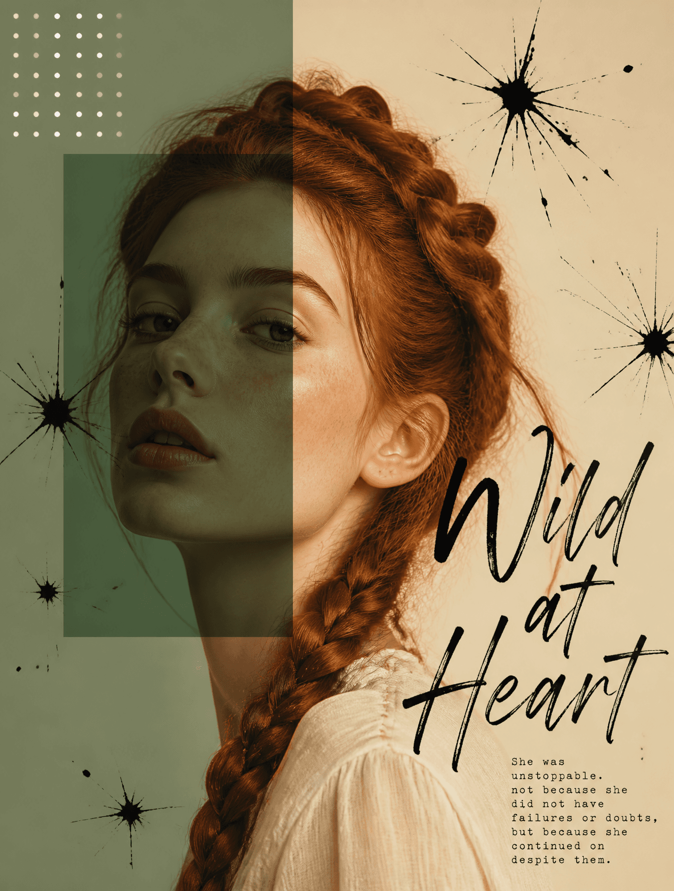 Artistic portrait of a woman with braided red hair, overlapp