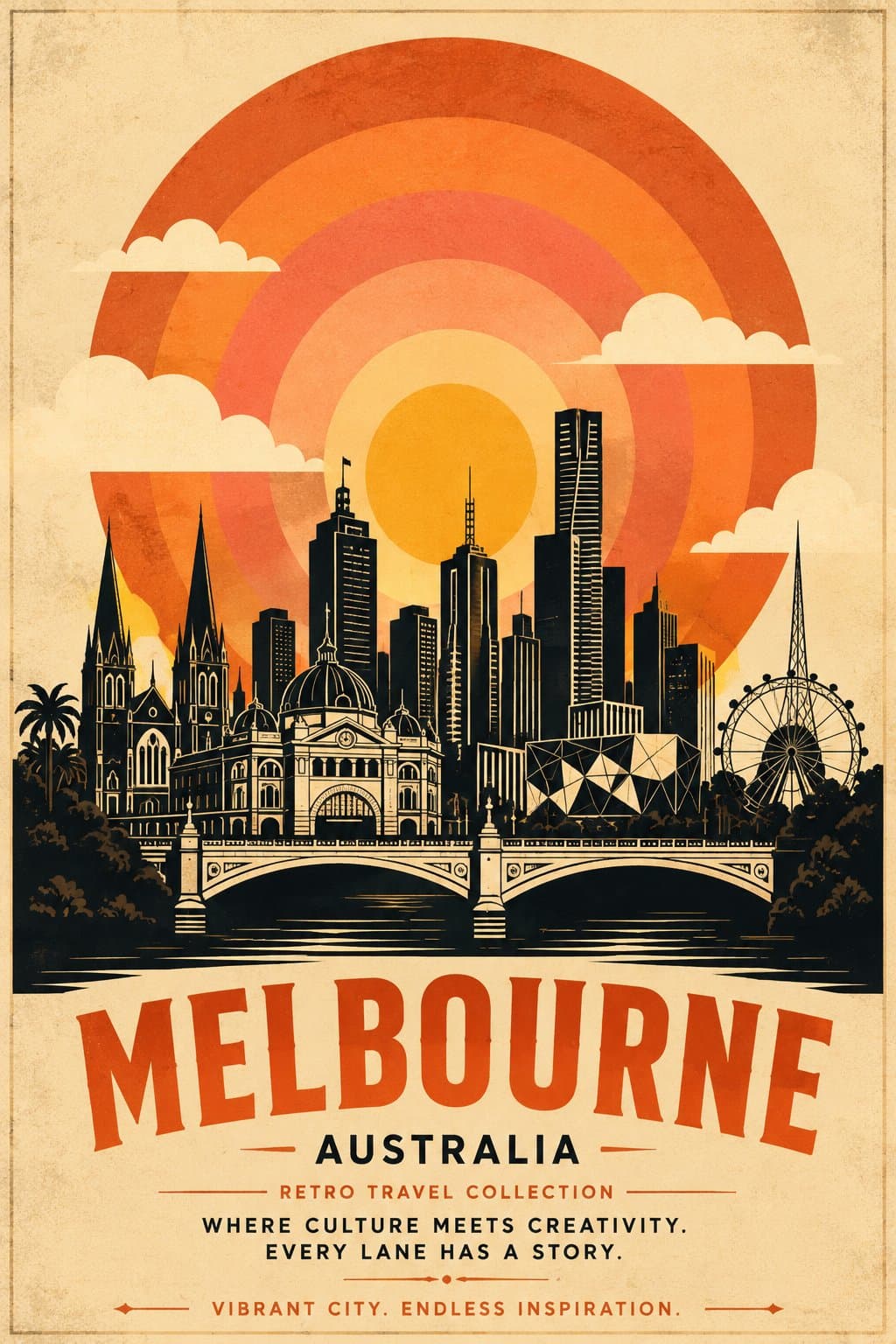 Create a premium vintage travel poster for [DESTINATION] in 