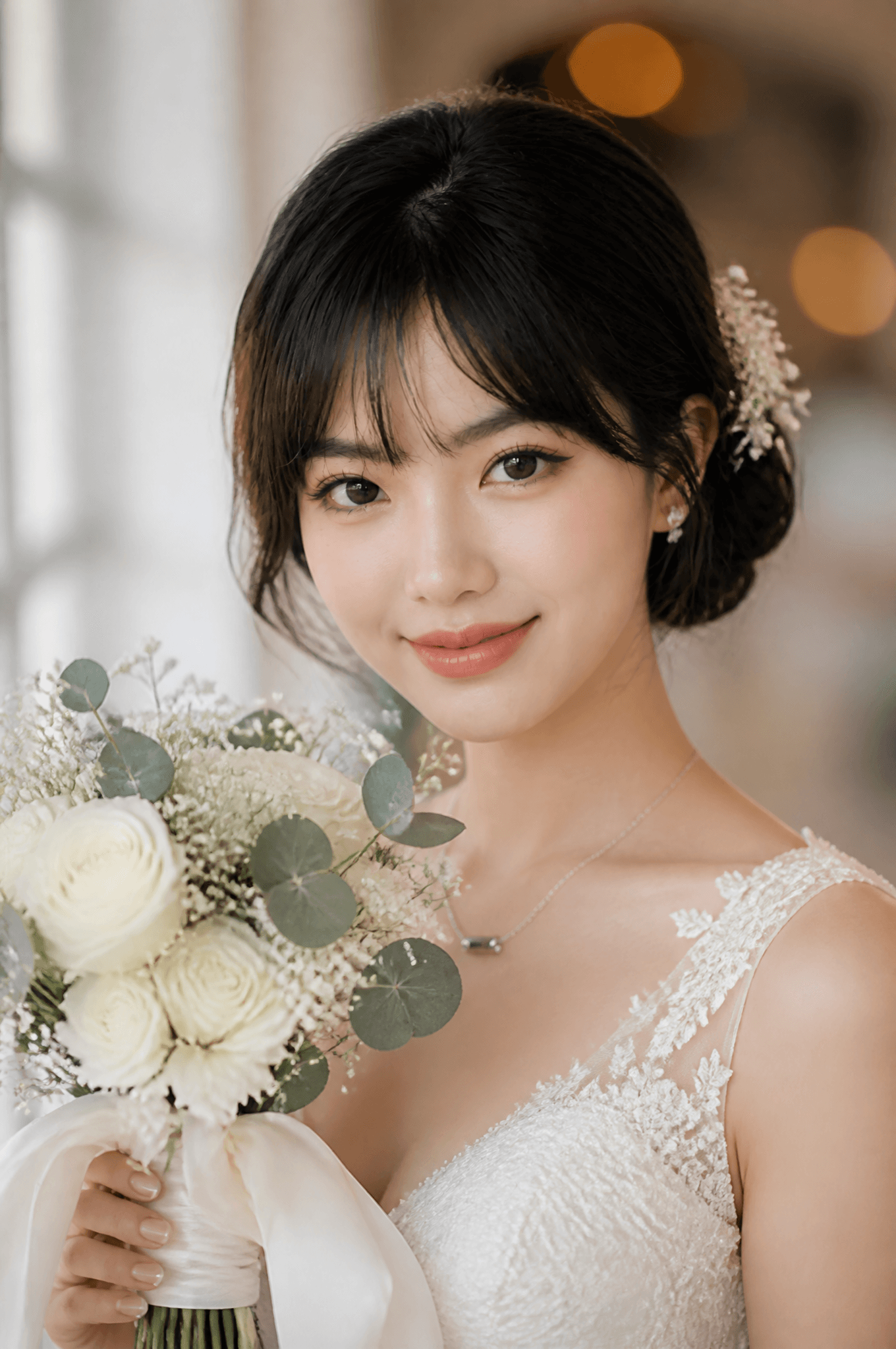 A breathtaking close-up portrait of a beautiful Asian bride,