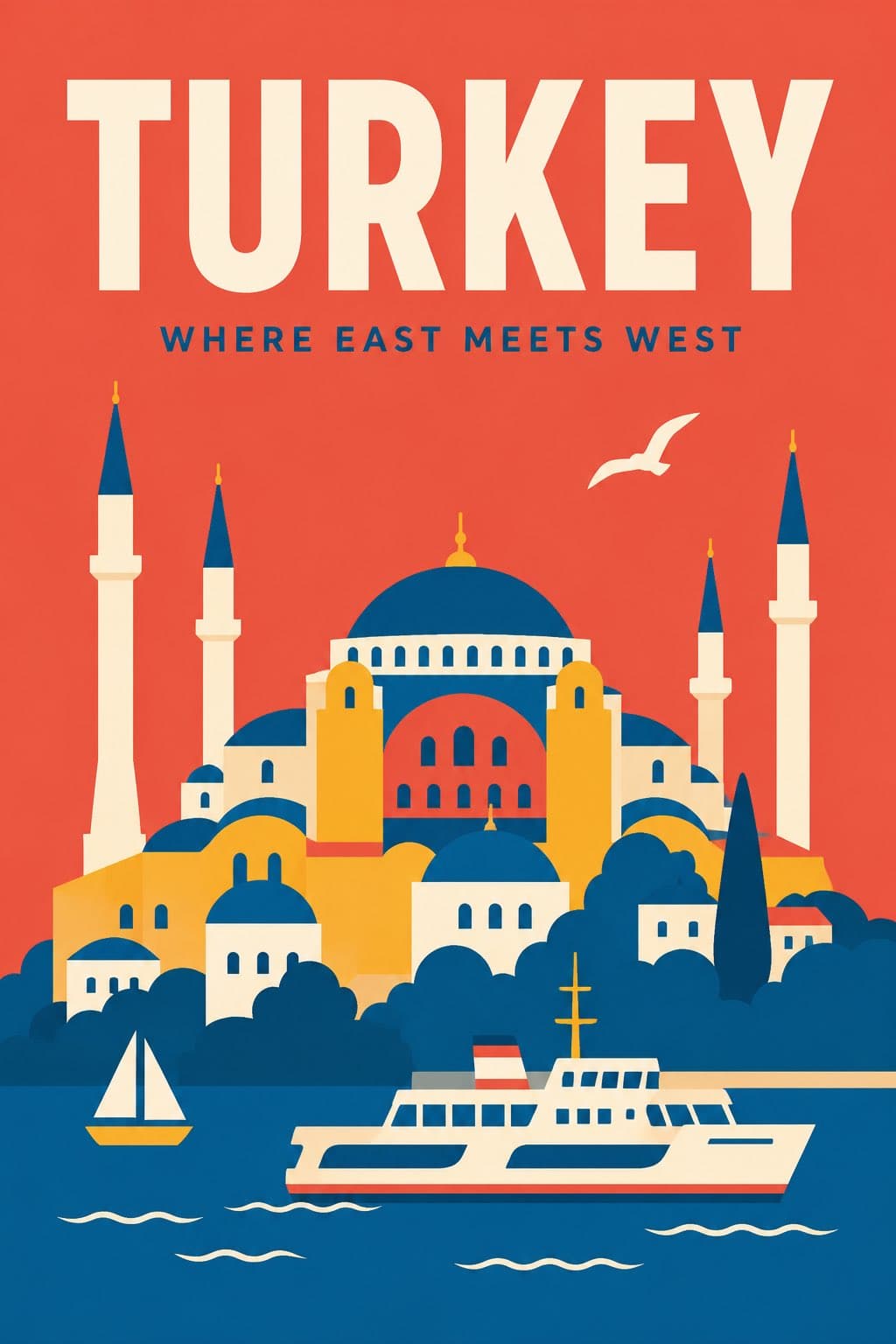 A flat minimalist travel poster for the city of [City Name],