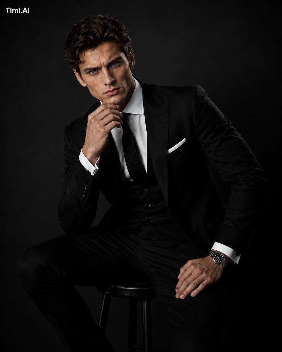A handsome young European man in a high-end fashion studio p