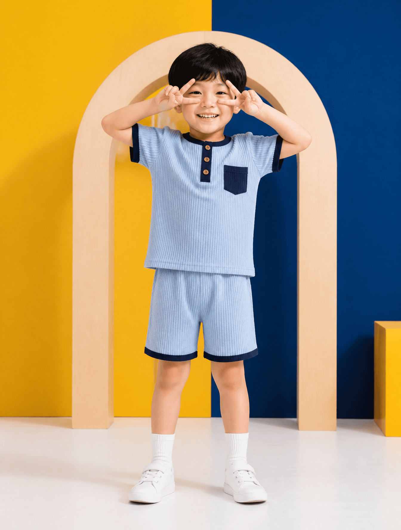 A young East Asian boy with a joyful expression stands cente