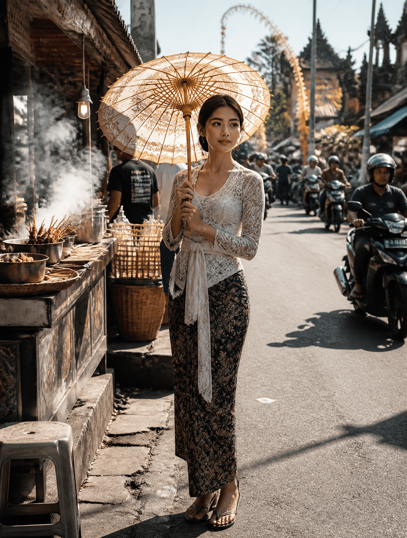 A beautiful Balinese woman with fair skin and a slender, sha