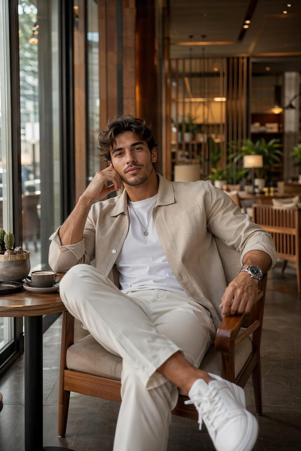 Subject: Stylish young man, relaxed pose, seated casually on