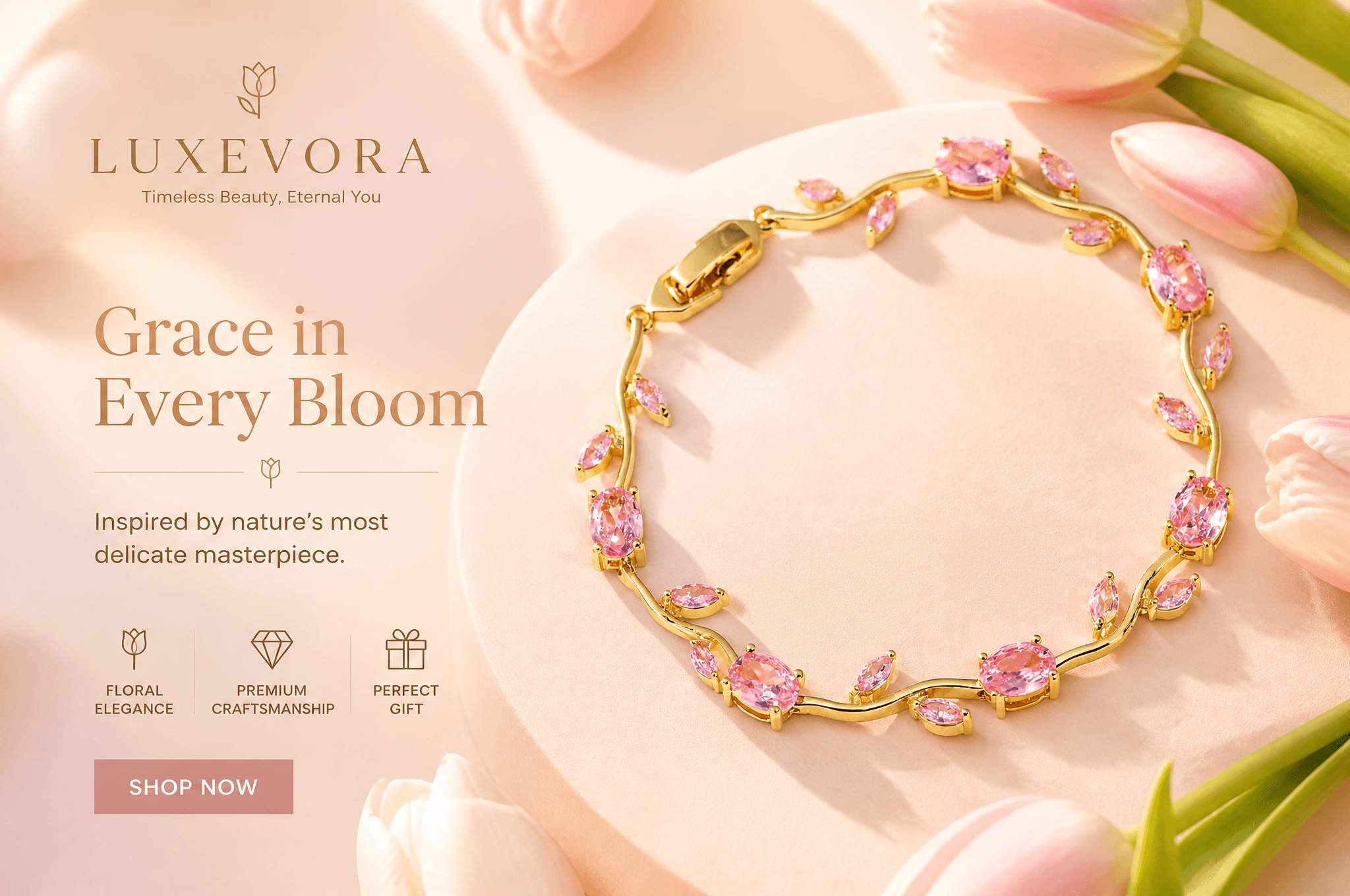 Luxury tulip bracelet advertisement, delicate tulip-inspired