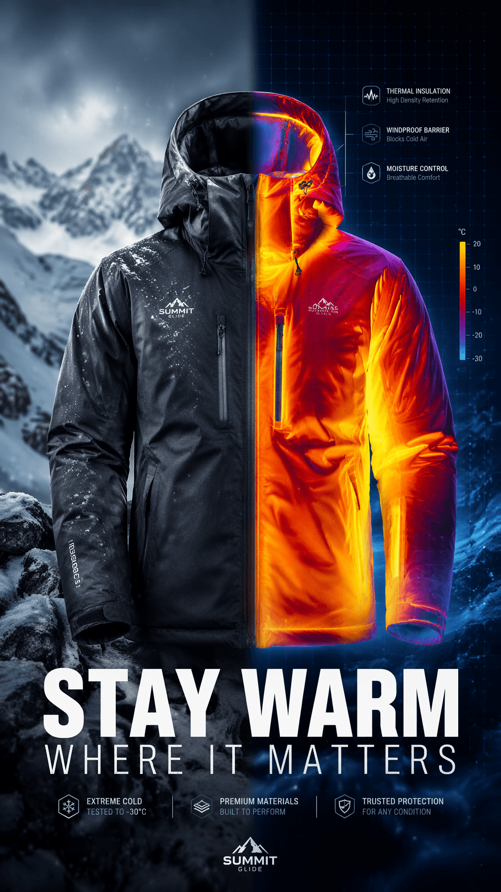 A premium 9:16 winter jacket advertising poster.Main Subject
