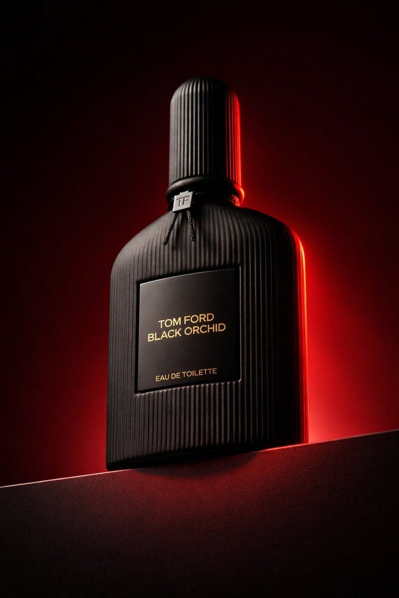 Low angle luxury product photography of a black ribbed glass