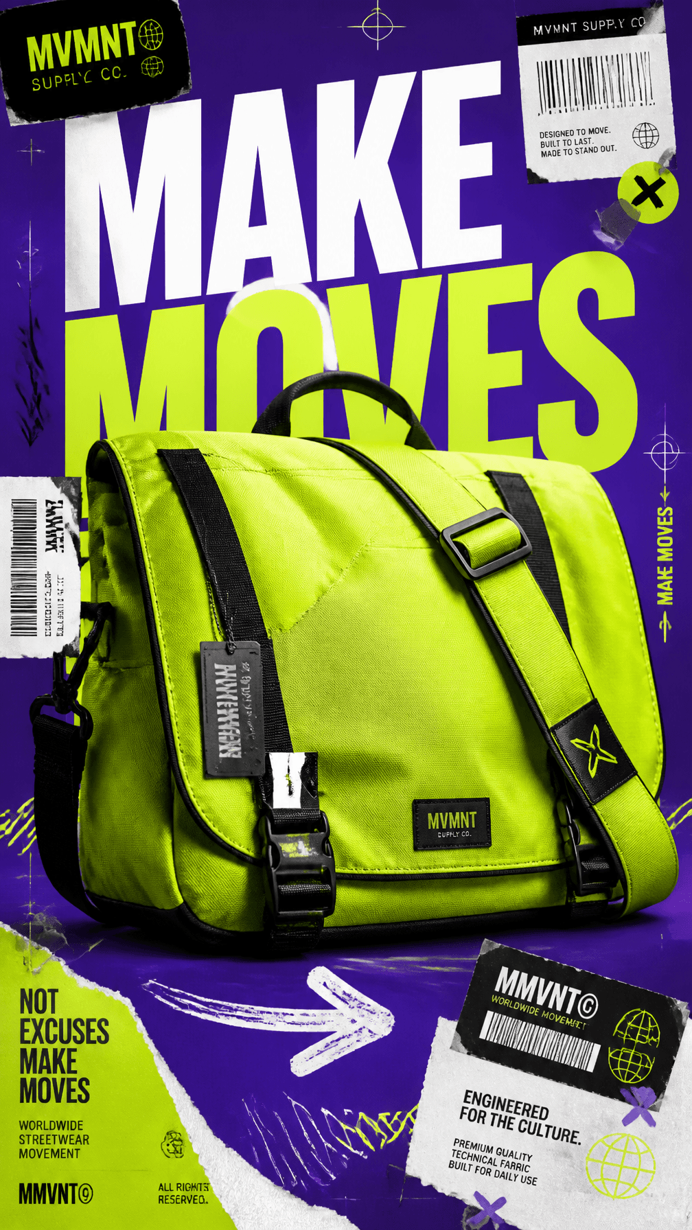 A premium 9:16 streetwear accessories advertising poster.Cen