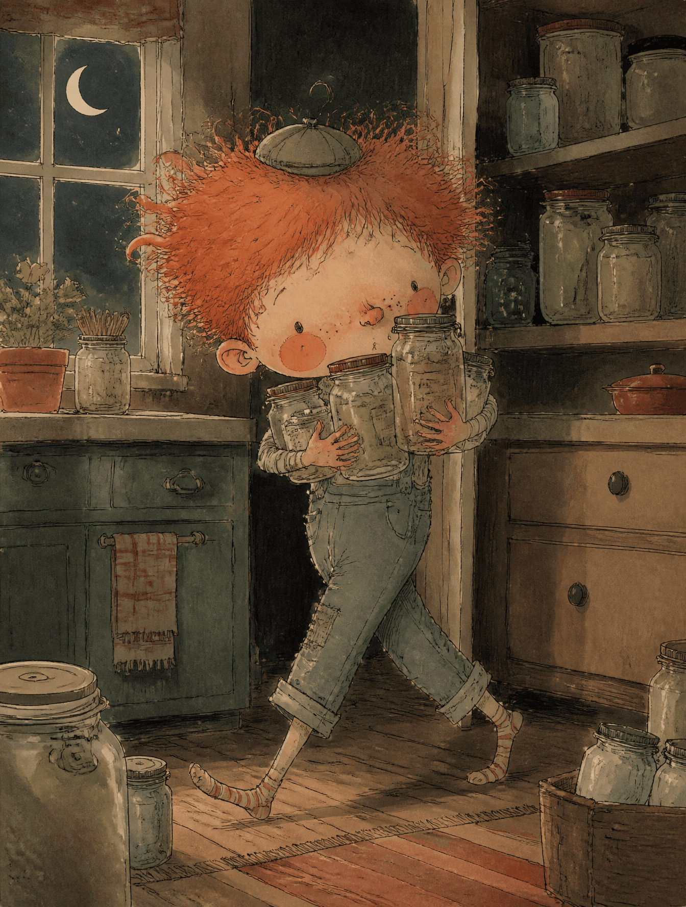 A young boy with wild red hair, freckles, rosy round cheeks,