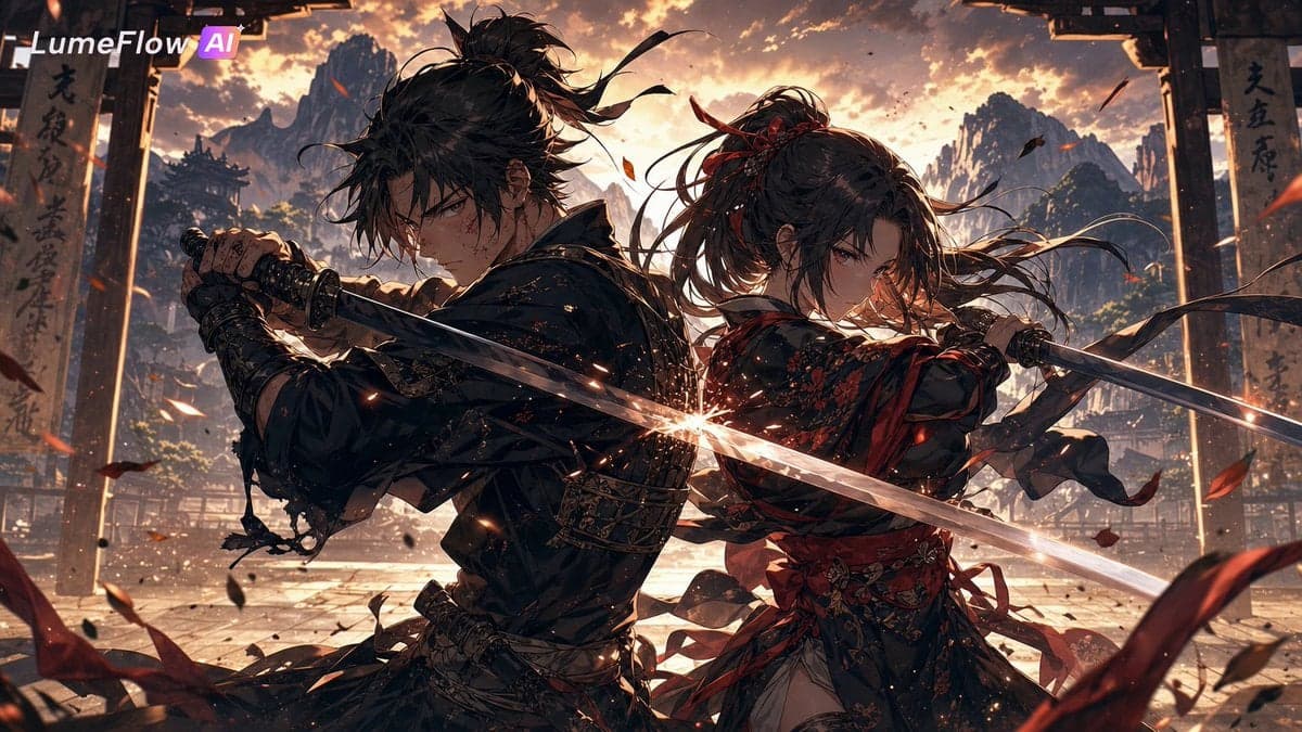 A powerful anime couple training together in a vast mountain