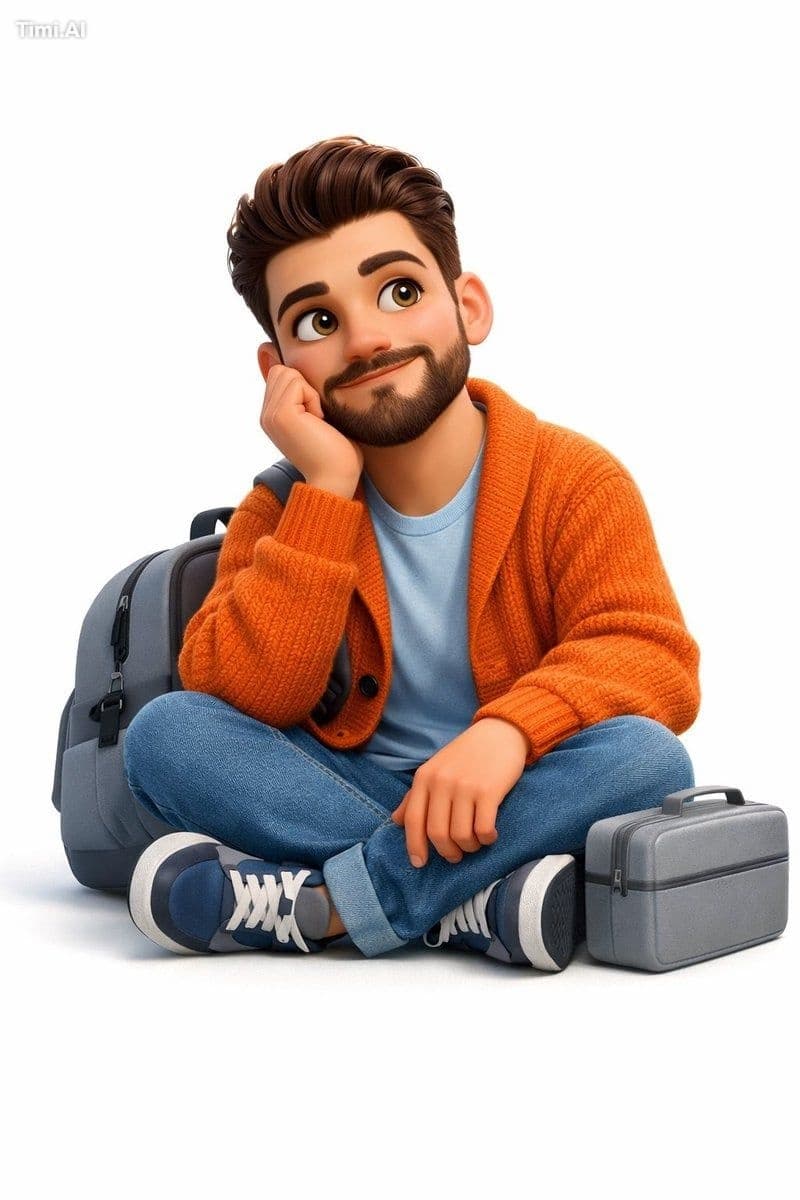create a A 3D, Pixar-style animated young man sits cross-leg