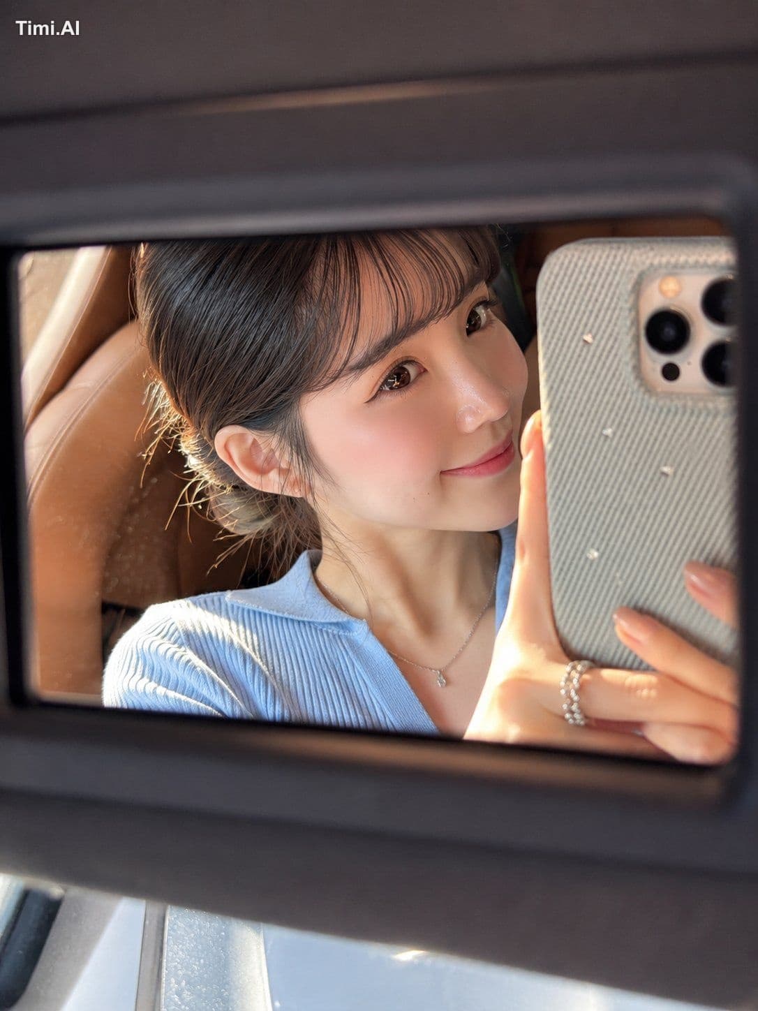 Ultra-realistic close-up mirror selfie captured through a ca