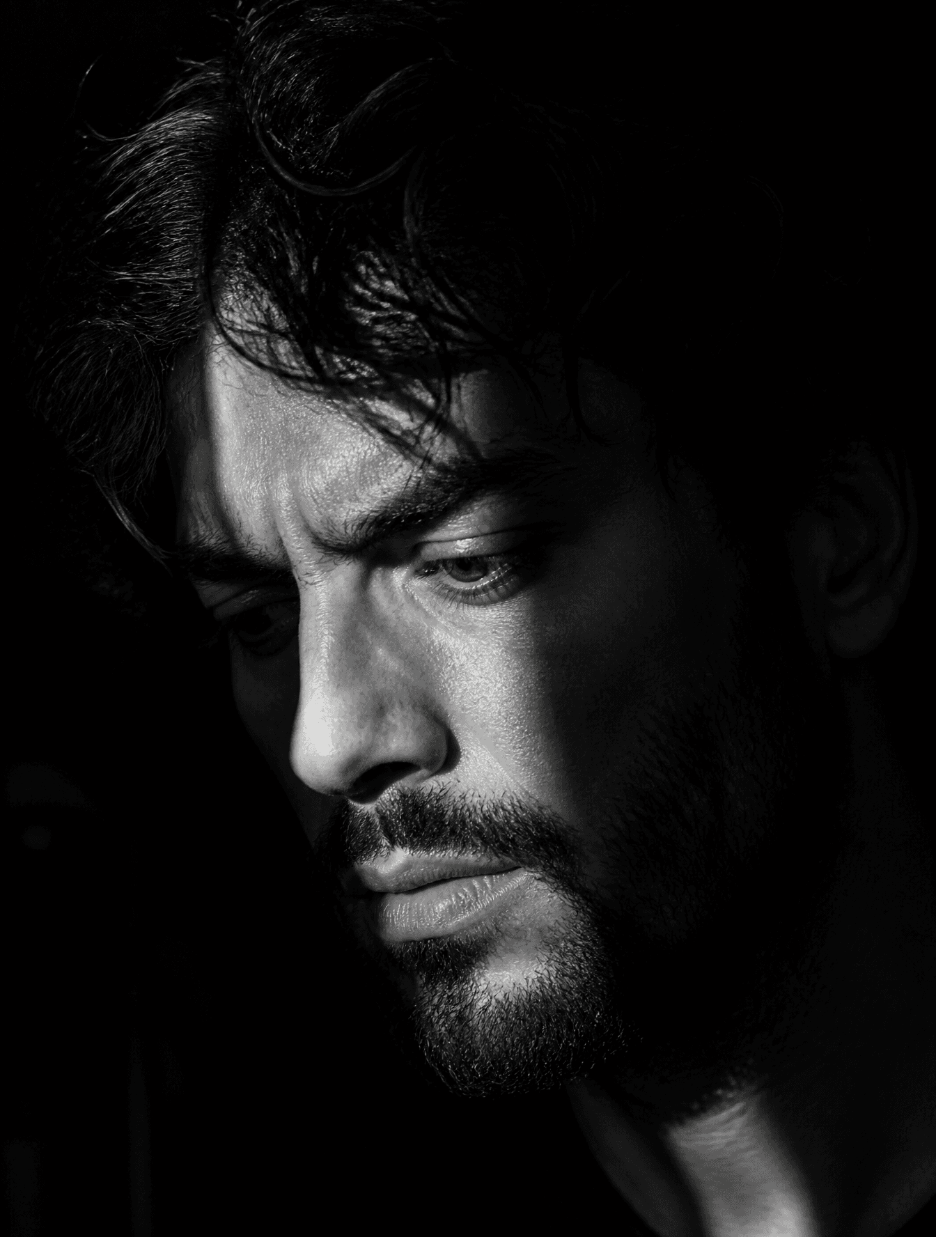 Close-up black and white portrait of a man use image face re