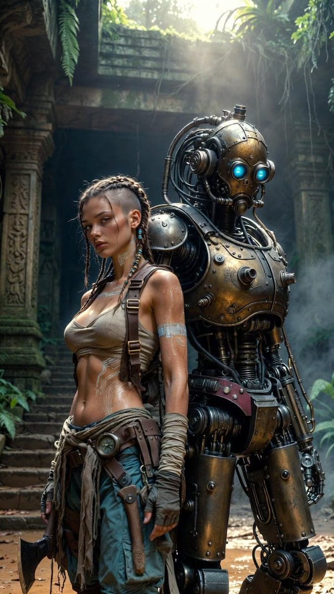 Ultra-photorealistic cinematic sci-fi still. A female advent