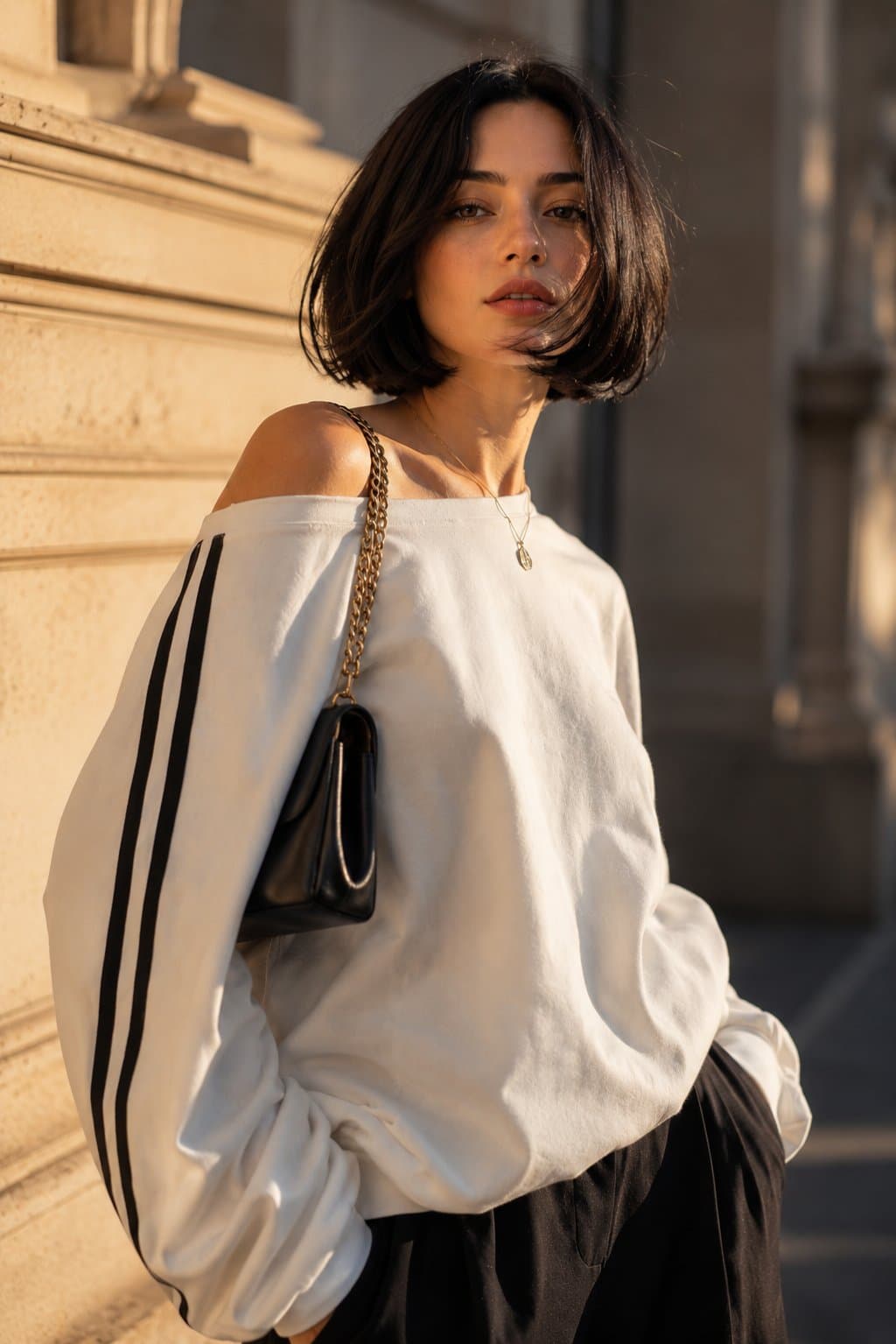 A cinematic portrait of a young woman with a sleek black chi