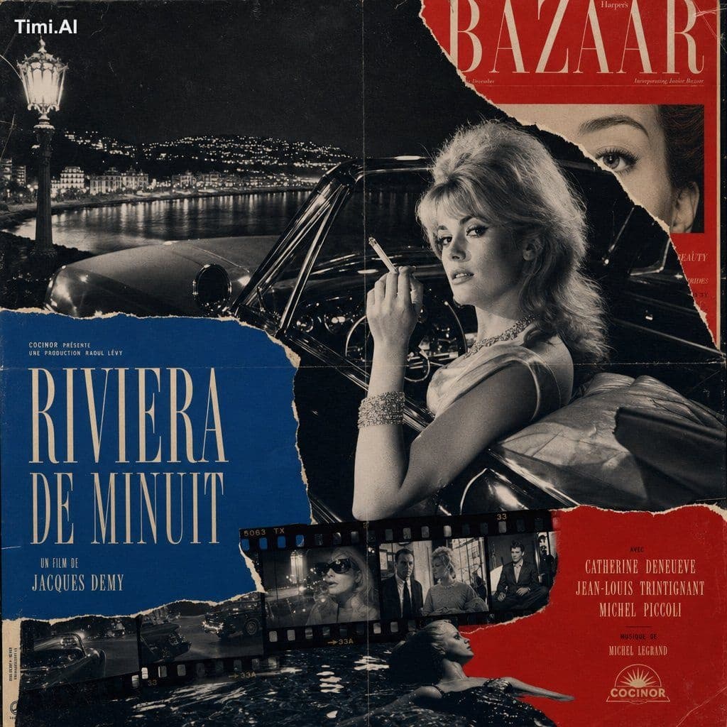 Luxury 1960s Riviera thriller poster, mysterious blonde actr