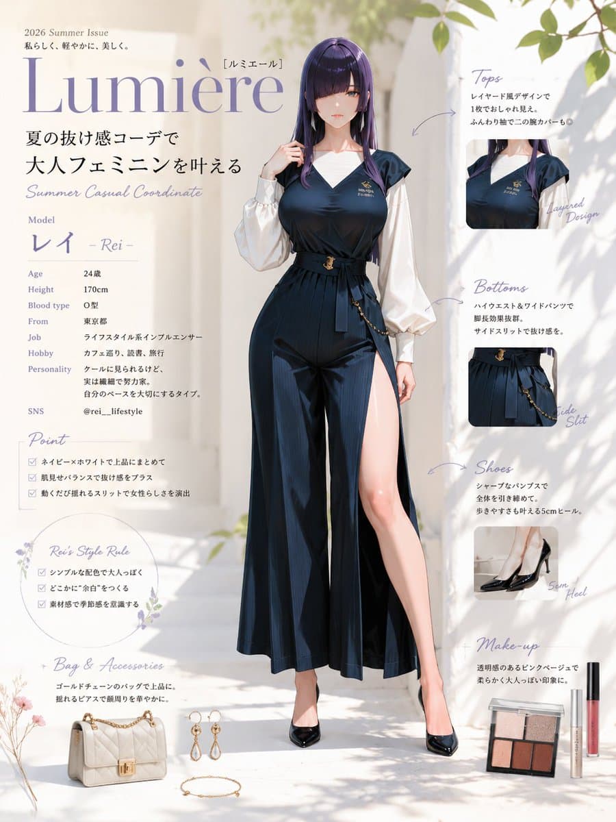 A stylish young woman with sleek, dark violet hair stands in