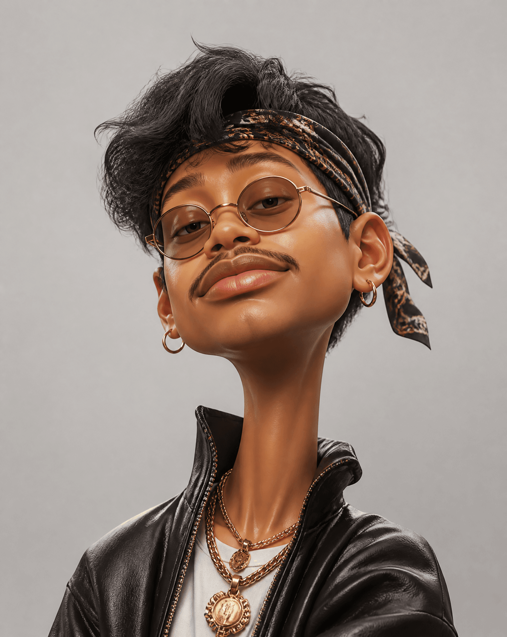 Create an exaggerated stylized 3D caricature character portr
