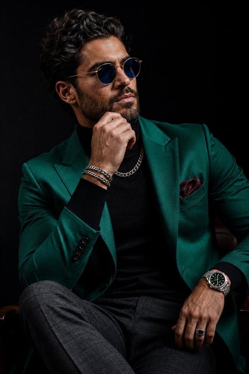 Ultra-realistic luxury menswear editorial portrait of a conf