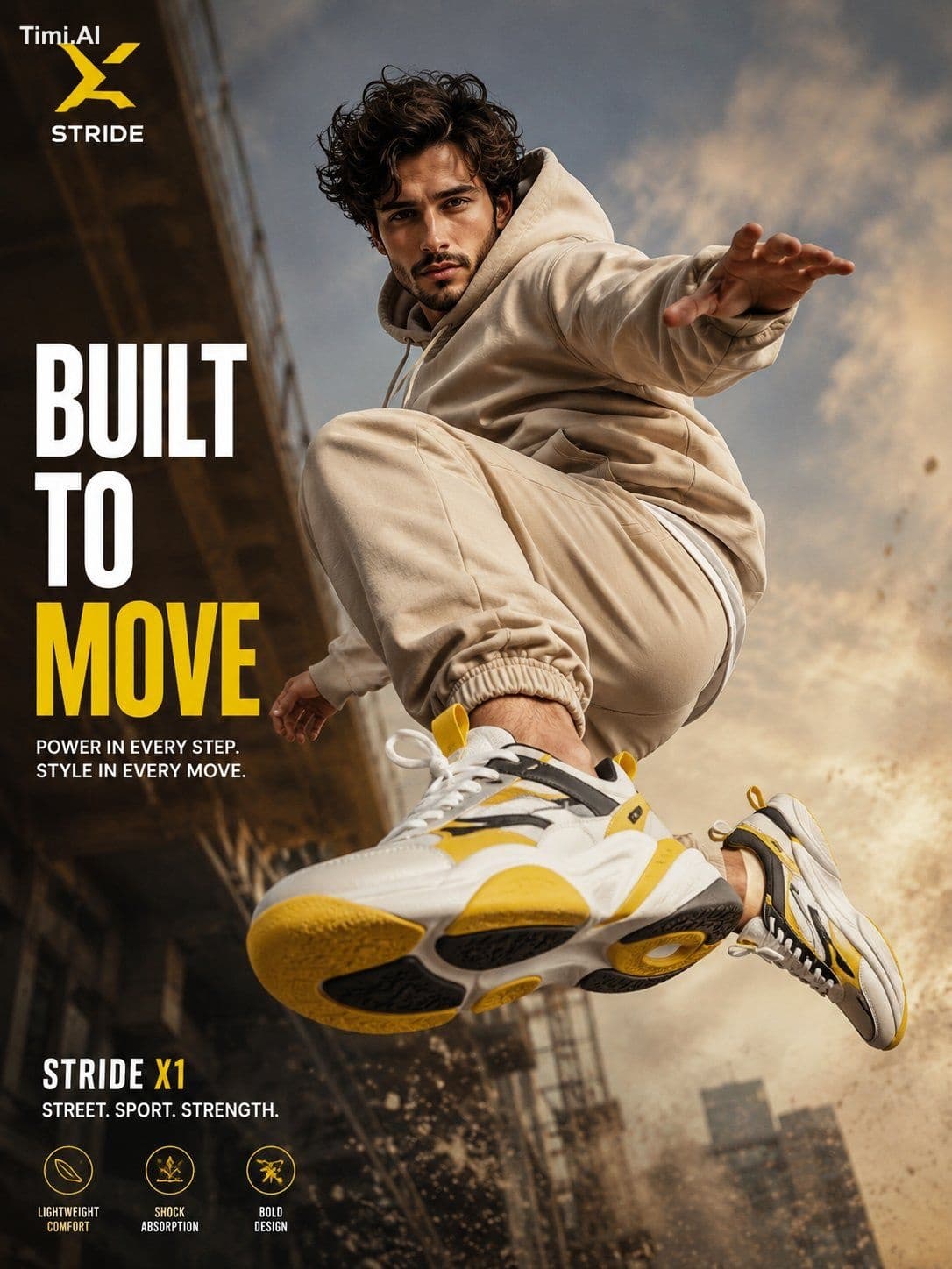 A cinematic, high-end sneaker advertisement poster featuring