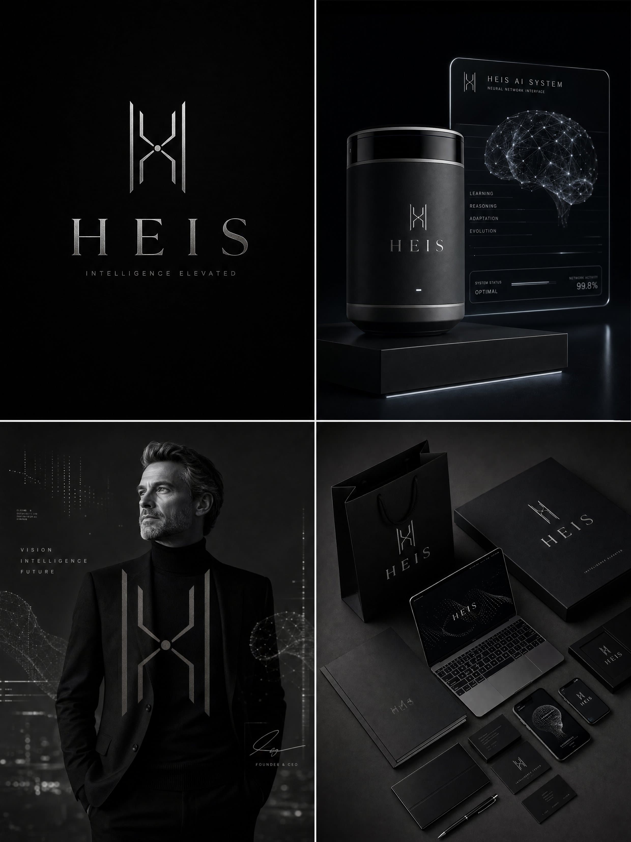 Luxury AI brand identity board for "HEIS", ultra-premium art