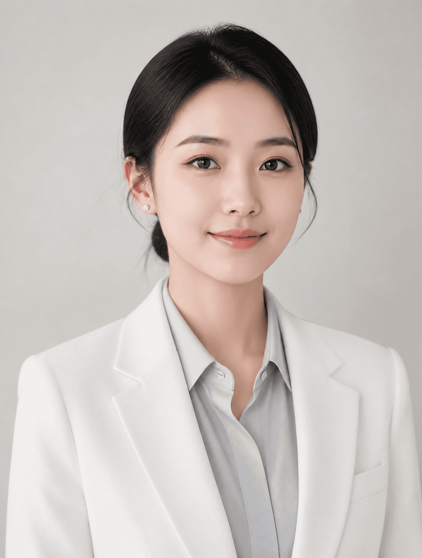 人物肖像照,正面,28岁东亚年轻女生,28岁亚洲女性职业肖像,脸型偏圆,但是看起来偏瘦,乌黑低丸子头,佩戴简约白金耳钉(