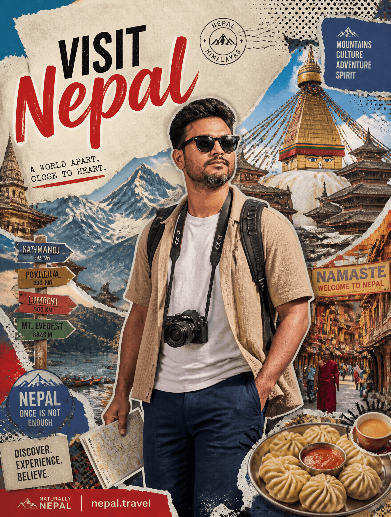 Create a stylized travel poster / graphic collage for Nepal.