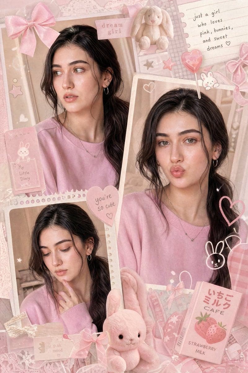 A dreamy multi-frame pastel pink aesthetic collage featuring