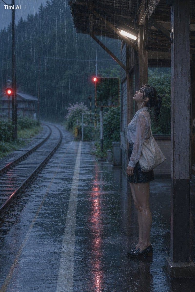 主題：
雨の無人駅

人物・表情：
20代女性。自然で成熟した雰囲気、幼さのない落ち着いた顔立ち。黒茶色の濡れたセミロン