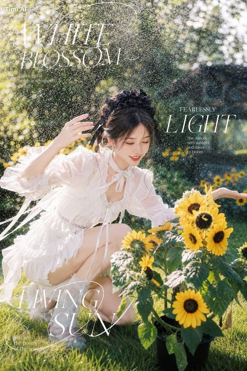 夏日花园里的唯美杂志写真海报，一位年轻成年亚洲女性，清冷淡颜，精致五官，干净自然妆容，眼神安静但有力量，黑色头发盘起，搭