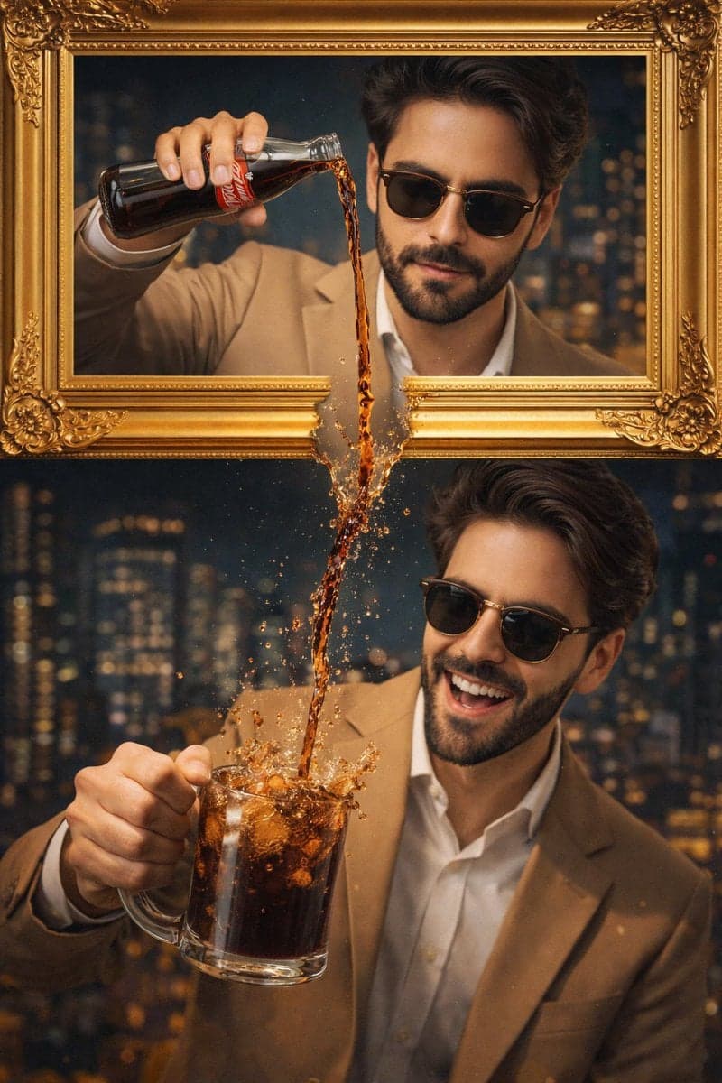 A stylish man wearing a tan suit and sunglasses is featured